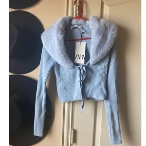 NWT Zara Fur Collar Blue Cardigan Med